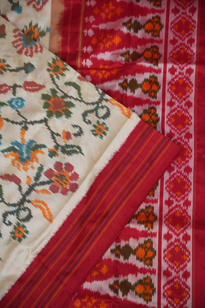 Pure Ikkat Soft Silk Saree - Off White & Red