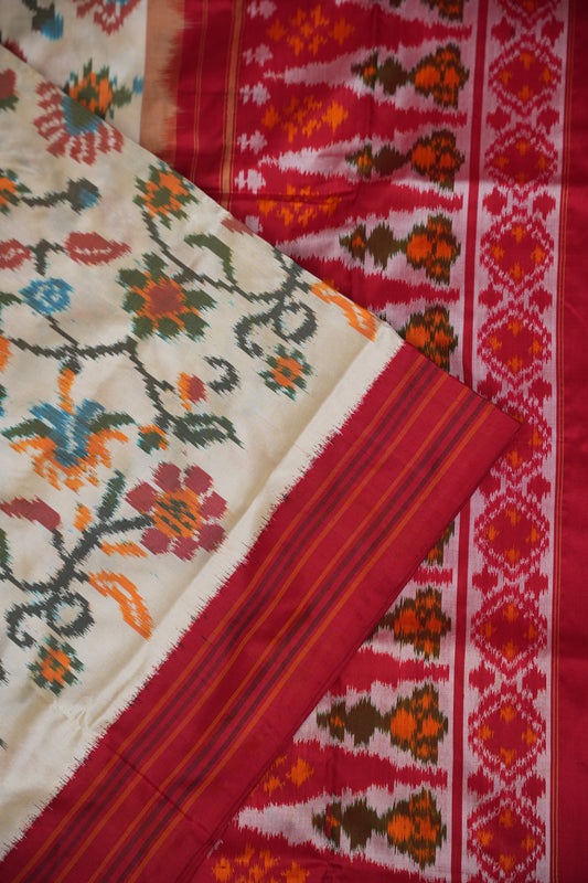 Pure Ikkat Soft Silk Saree - Off White & Red