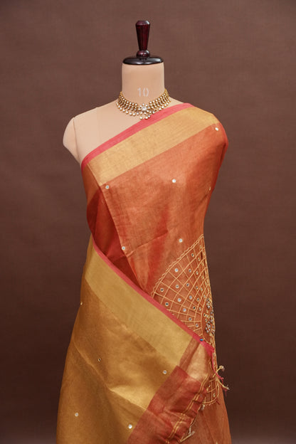 Hand Embroidered Pure Tissue Linen Silk Saree - Peach Orange