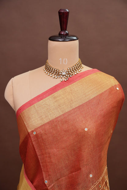 Hand Embroidered Pure Tissue Linen Silk Saree - Peach Orange
