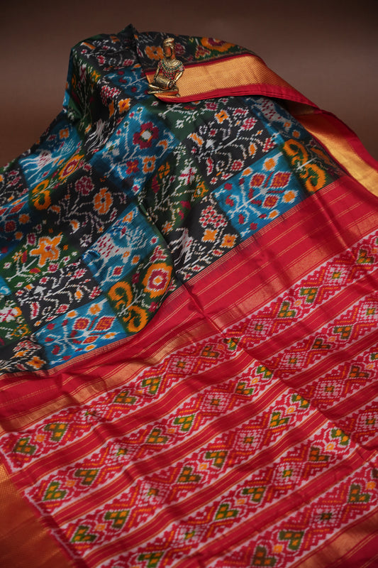 Pure Ikkat Soft Silk Saree - Black with Multicolor