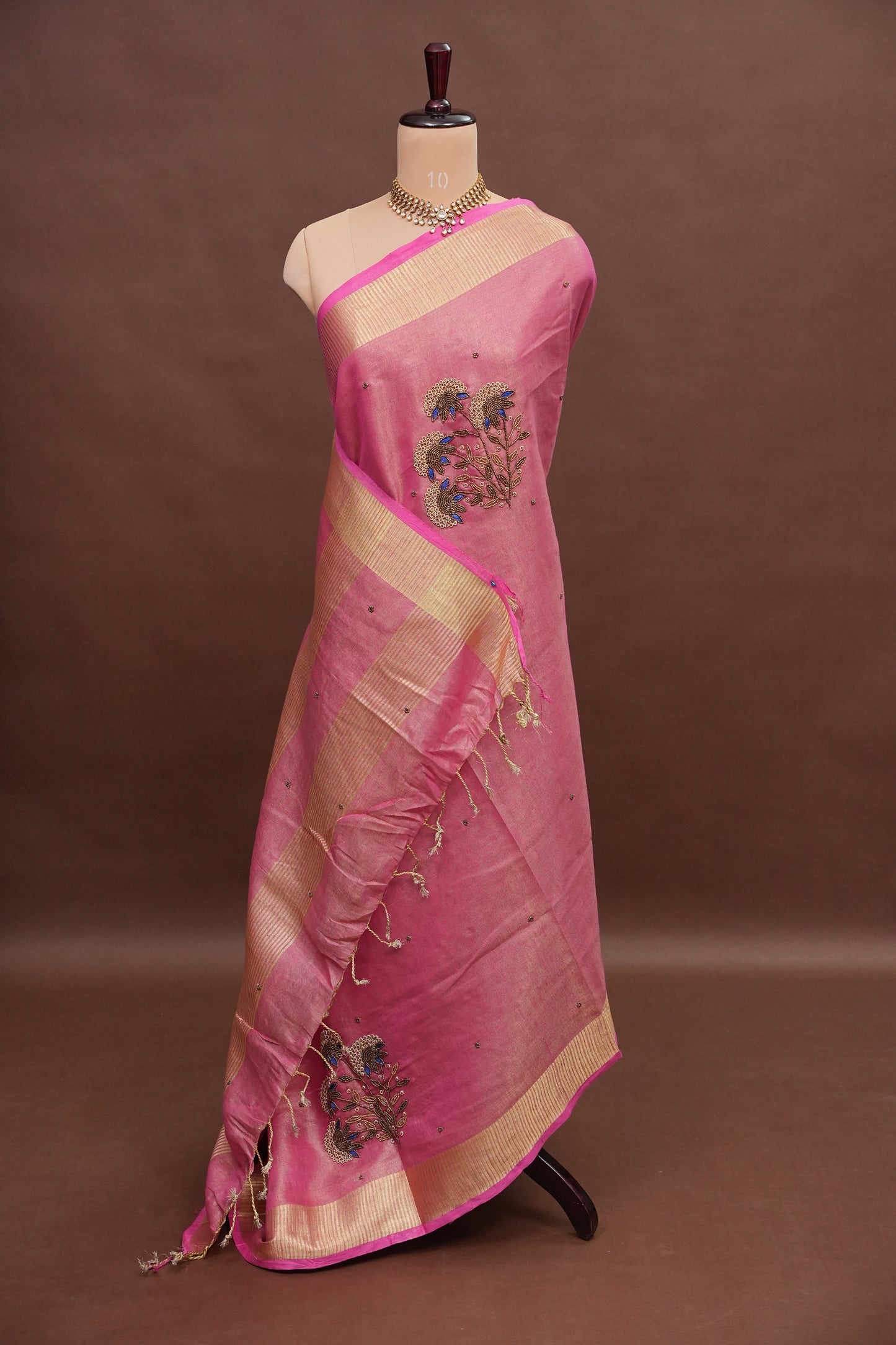 Hand Embroidered Pure Tissue Linen Silk Saree - Blush Pink