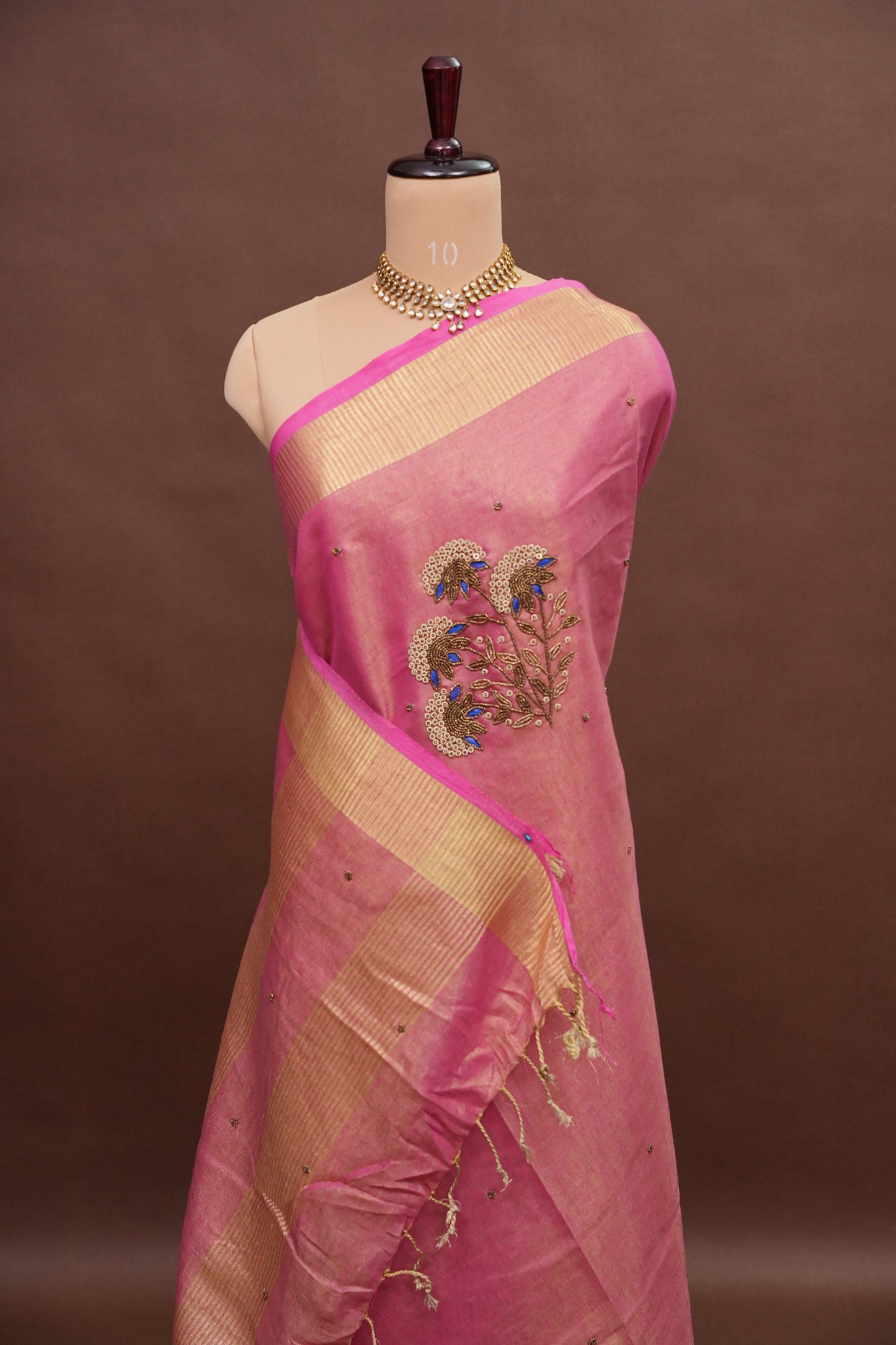 Hand Embroidered Pure Tissue Linen Silk Saree - Blush Pink