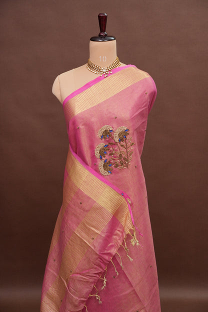 Hand Embroidered Pure Tissue Linen Silk Saree - Blush Pink