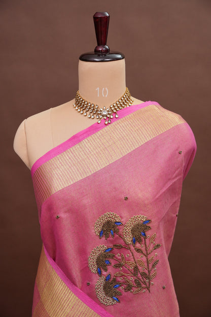 Hand Embroidered Pure Tissue Linen Silk Saree - Blush Pink