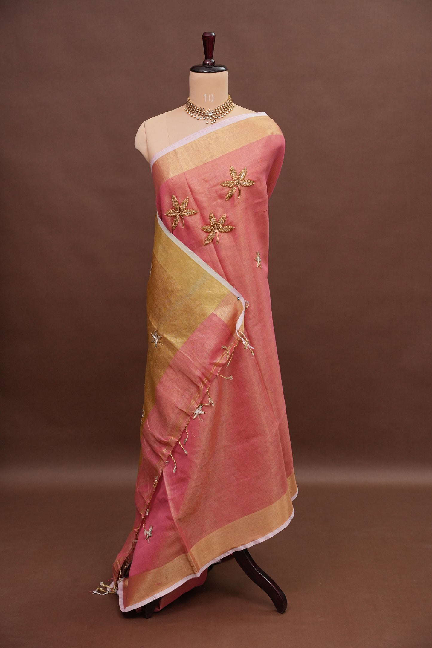 Hand Embroidered Pure Tissue Linen Silk Saree - Onion Pink & Gold