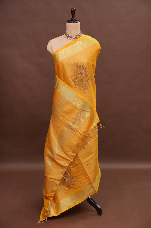 Hand Embroidered Pure Tissue Linen Silk Saree - Mustard Yellow