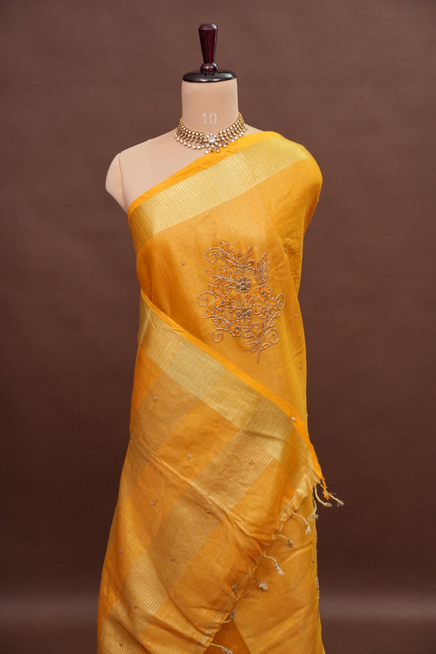 Hand Embroidered Pure Tissue Linen Silk Saree - Mustard Yellow