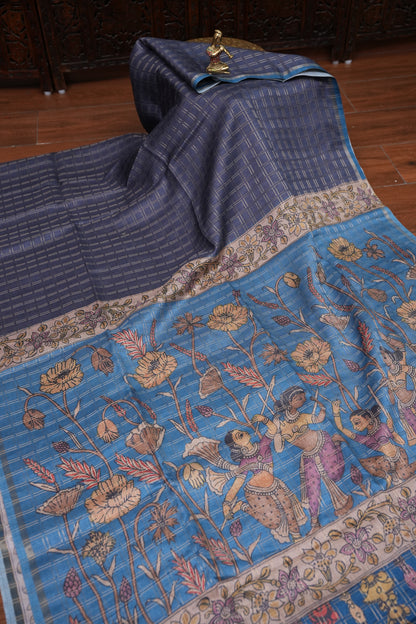 Semi Tussar Raw Silk Saree with Checkered Body & Kalamkari Pallu and Blouse – Dusty Pink