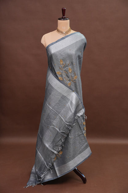 Hand Embroidered Pure Tissue Linen Silk Saree - Silver grey