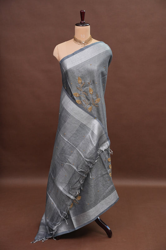 Hand Embroidered Pure Tissue Linen Silk Saree - Silver grey