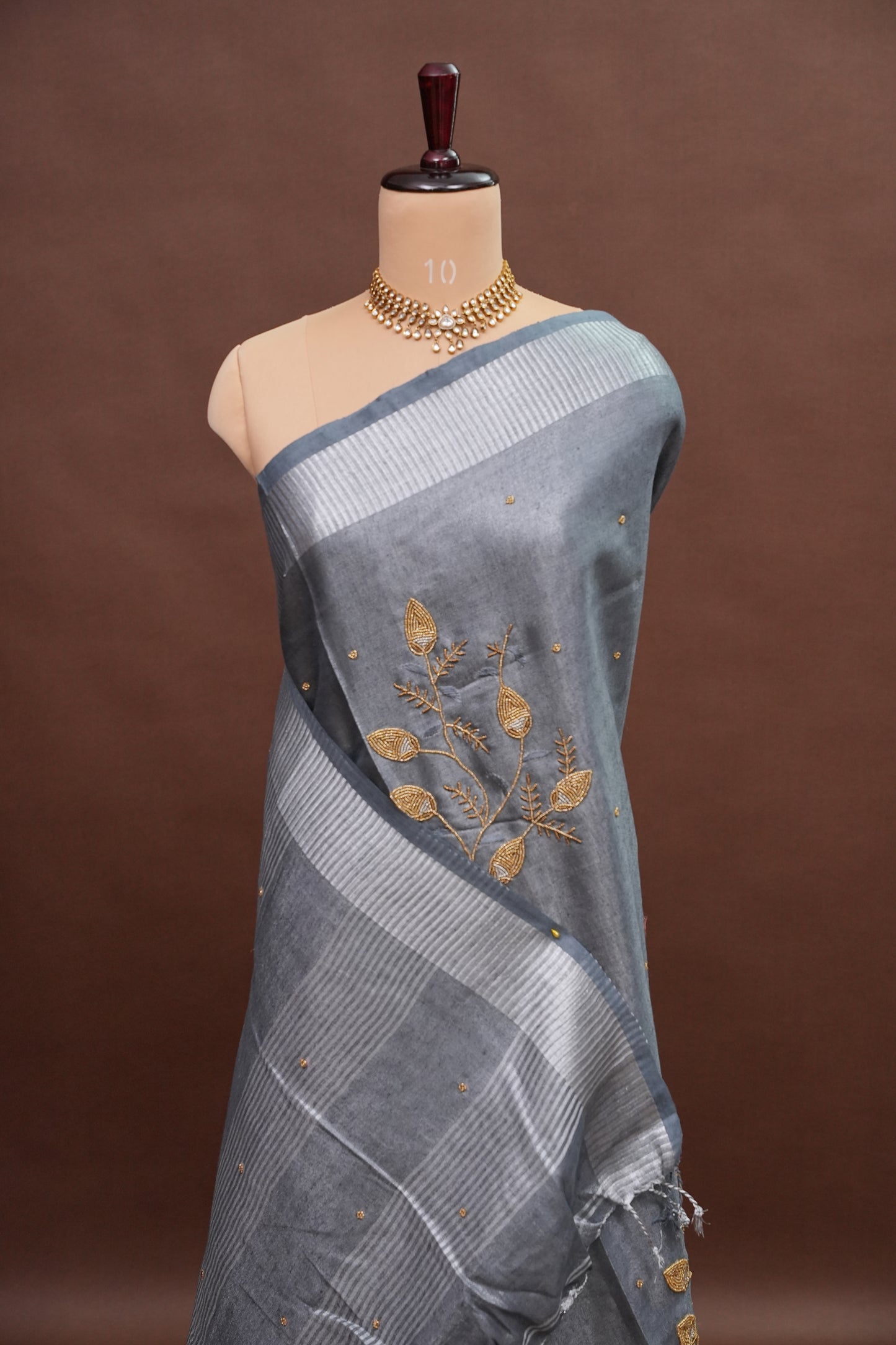 Hand Embroidered Pure Tissue Linen Silk Saree - Silver grey