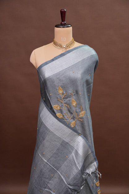Hand Embroidered Pure Tissue Linen Silk Saree - Silver grey