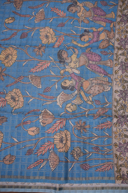 Semi Tussar Raw Silk Saree with Checkered Body & Kalamkari Pallu and Blouse – Dusty Pink