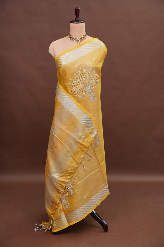 Hand Embroidered Pure Tissue Linen Silk Saree - Yellow