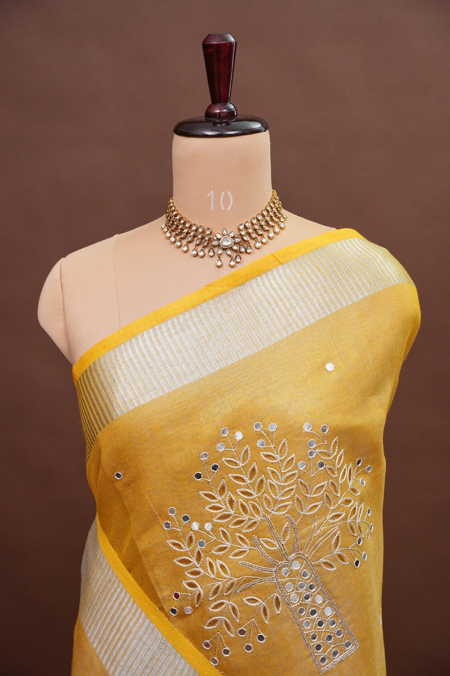 Hand Embroidered Pure Tissue Linen Silk Saree - Yellow
