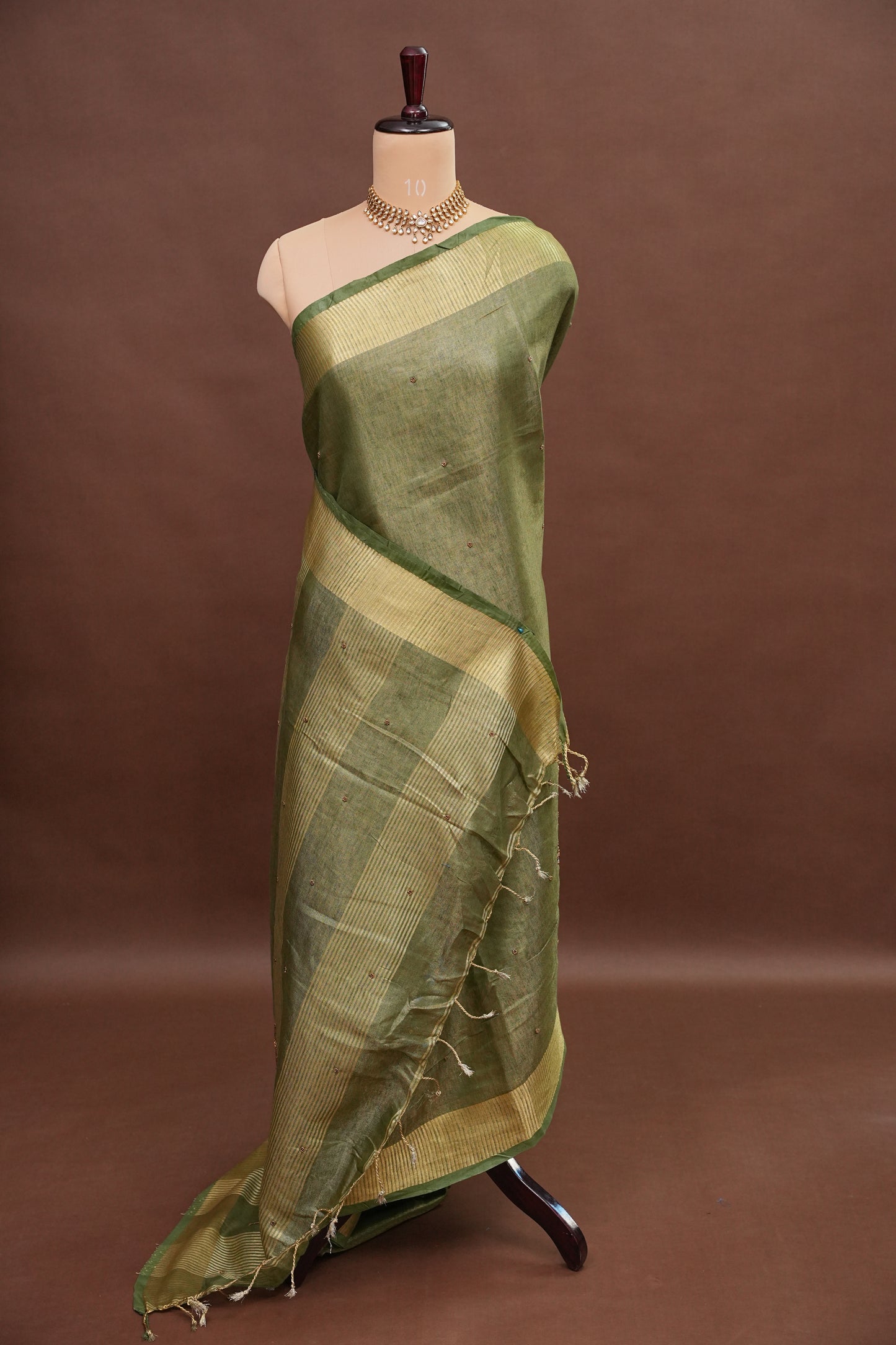Hand Embroidered Pure Tissue Linen Silk Saree - Muted Olive Green