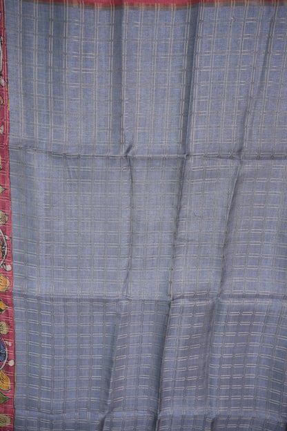 Semi Tussar Raw Silk Saree with Checkered Body & Kalamkari Pallu and Blouse – Dusty Pink