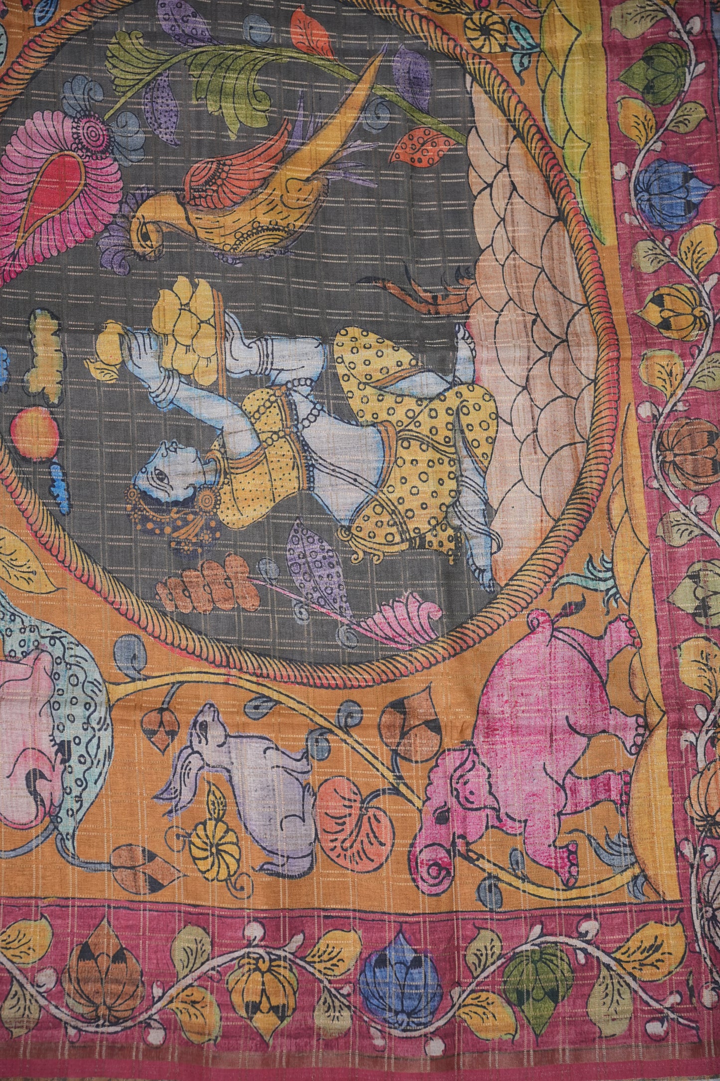 Semi Tussar Raw Silk Saree with Checkered Body & Kalamkari Pallu and Blouse – Dusty Pink