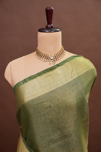 Hand Embroidered Pure Tissue Linen Silk Saree - Muted Olive Green