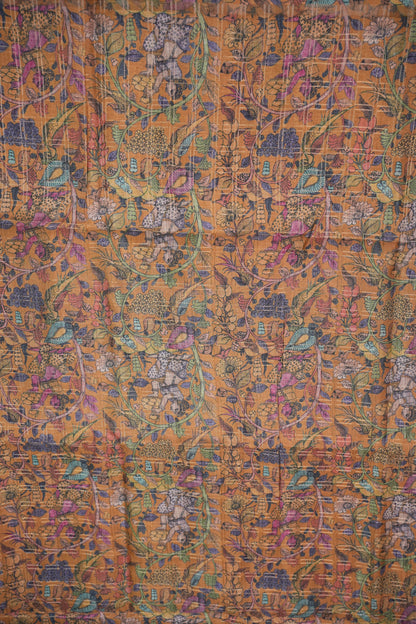 Semi Tussar Raw Silk Saree with Checkered Body & Kalamkari Pallu and Blouse – Dusty Pink