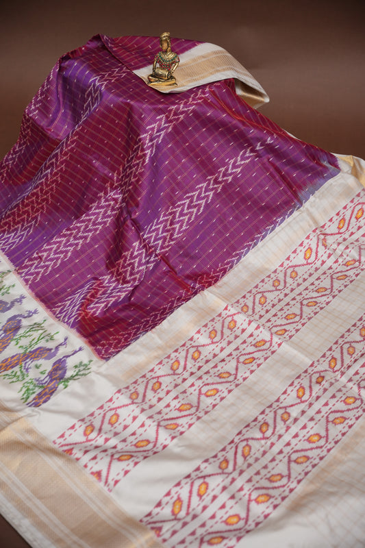Pure Ikkat Soft Silk Saree - Ivory & Wine