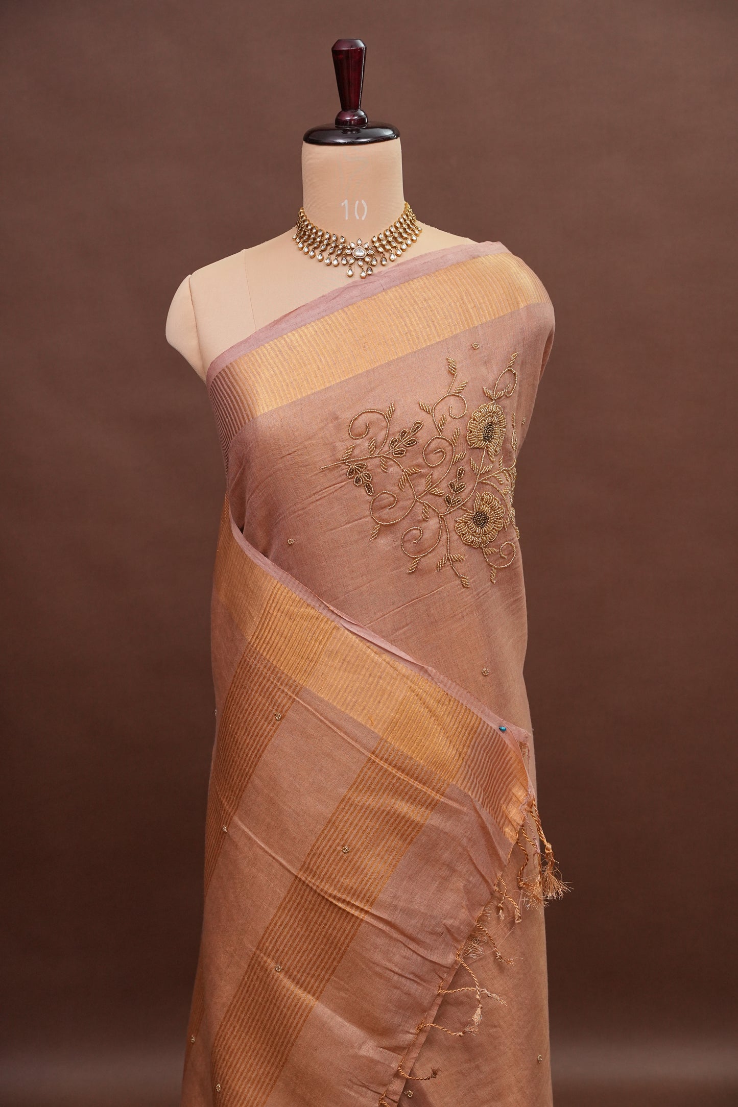 Hand Embroidered Pure Tissue Linen Silk Saree - Pinkish Peach