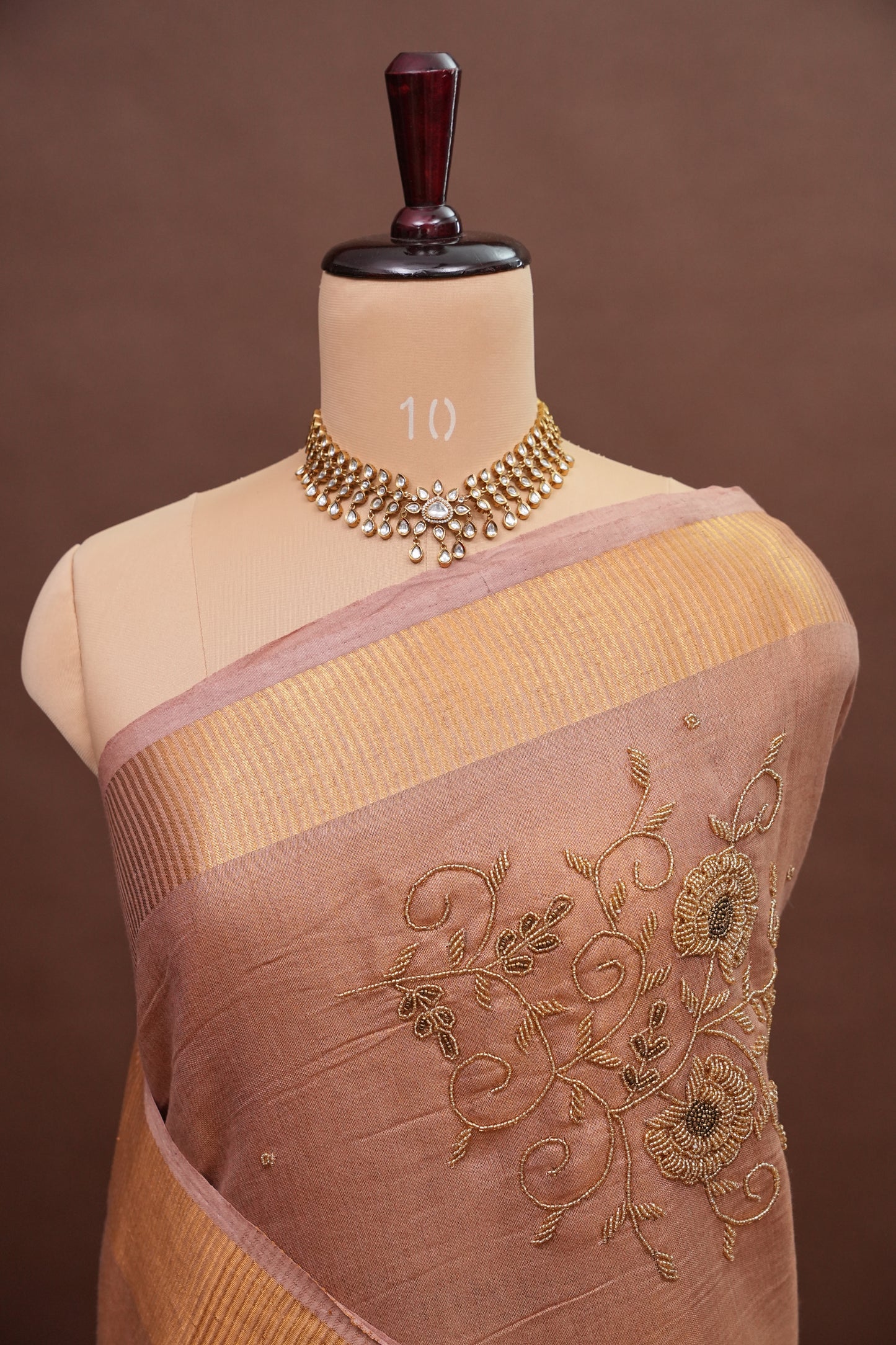 Hand Embroidered Pure Tissue Linen Silk Saree - Pinkish Peach