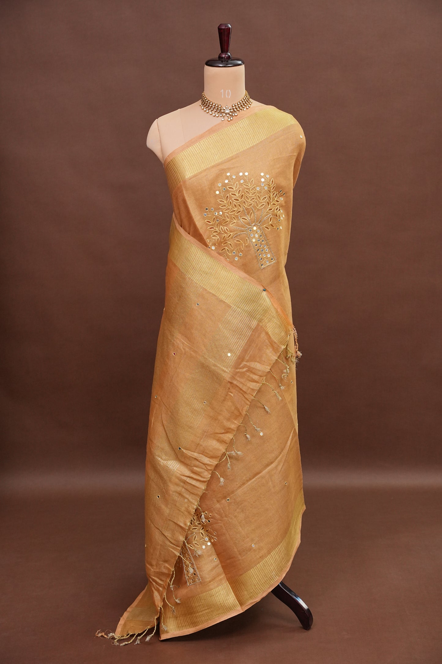 Hand Embroidered Pure Tissue Linen Silk Saree - Gold