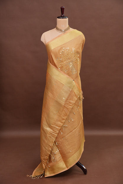 Hand Embroidered Pure Tissue Linen Silk Saree - Gold