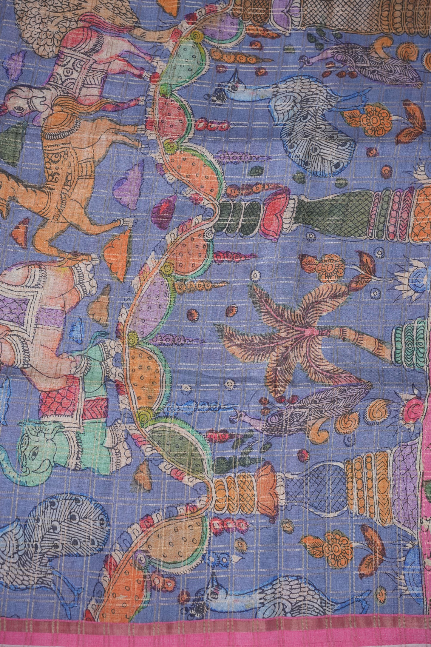 Semi Tussar Raw Silk Saree with Checkered Body & Kalamkari Pallu and Blouse – Dusty Pink