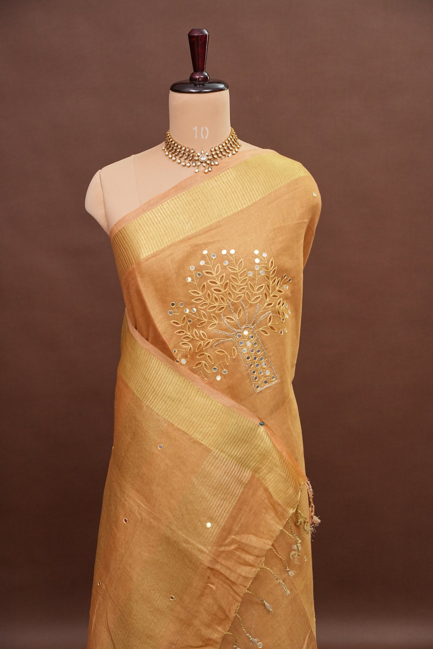 Hand Embroidered Pure Tissue Linen Silk Saree - Gold