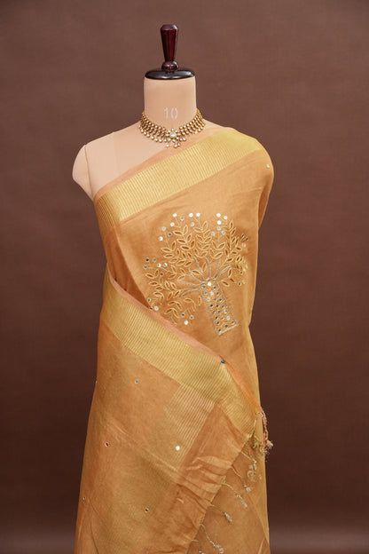 Hand Embroidered Pure Tissue Linen Silk Saree - Gold