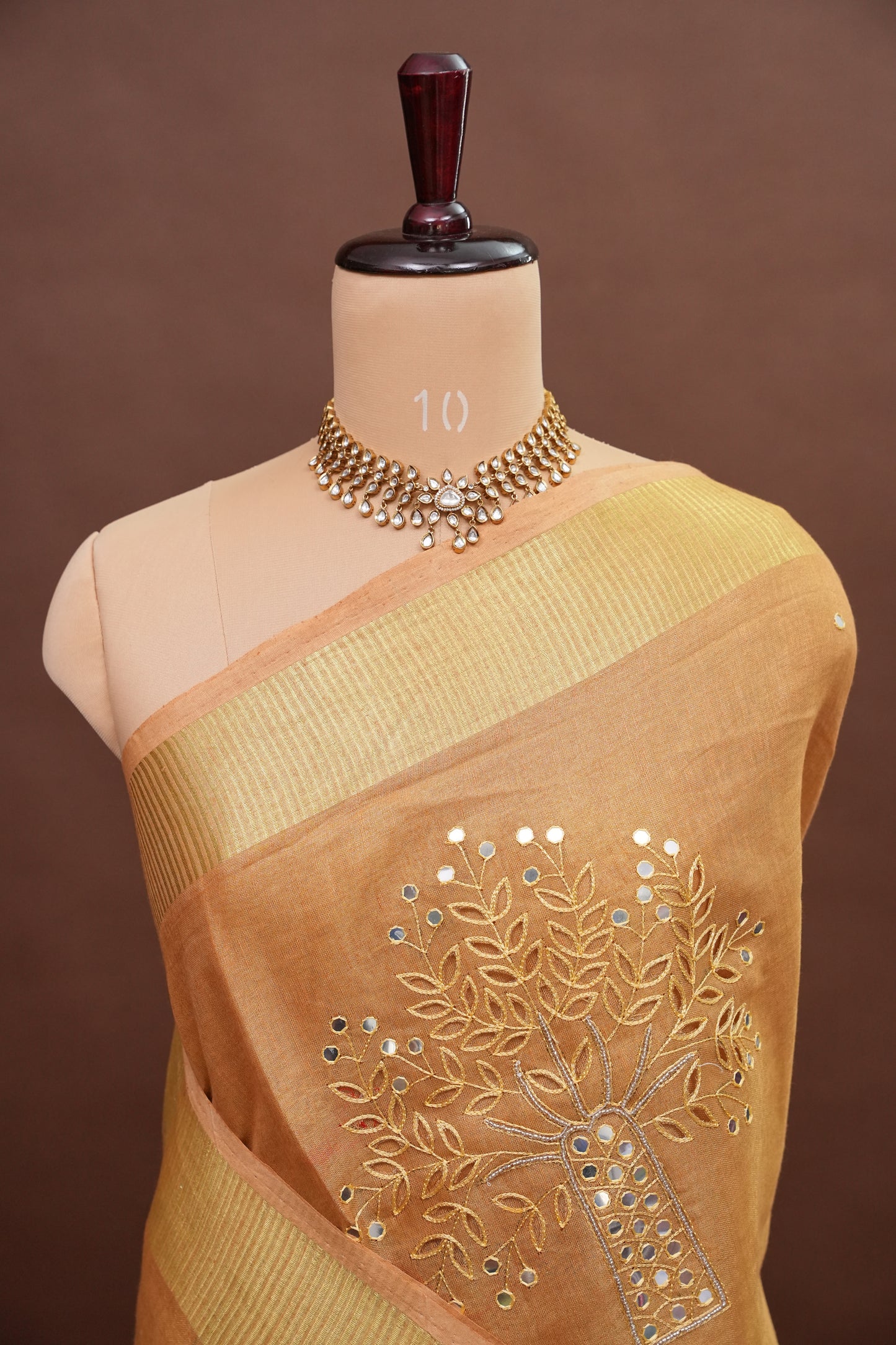 Hand Embroidered Pure Tissue Linen Silk Saree - Gold