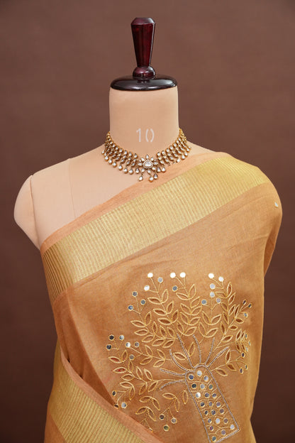 Hand Embroidered Pure Tissue Linen Silk Saree - Gold