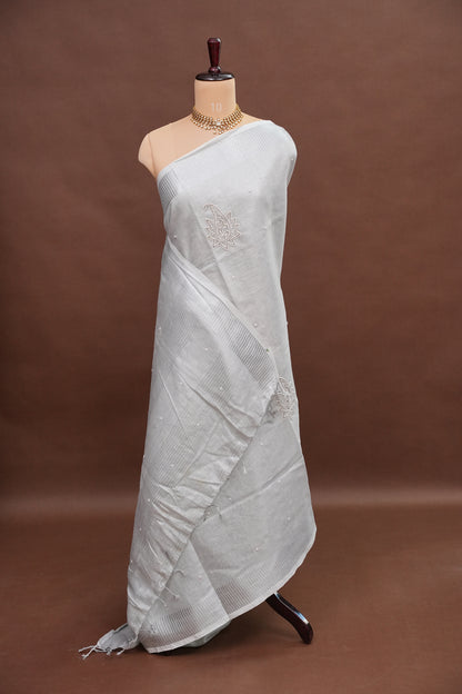 Hand Embroidered Pure Tissue Linen Silk Saree - Silver