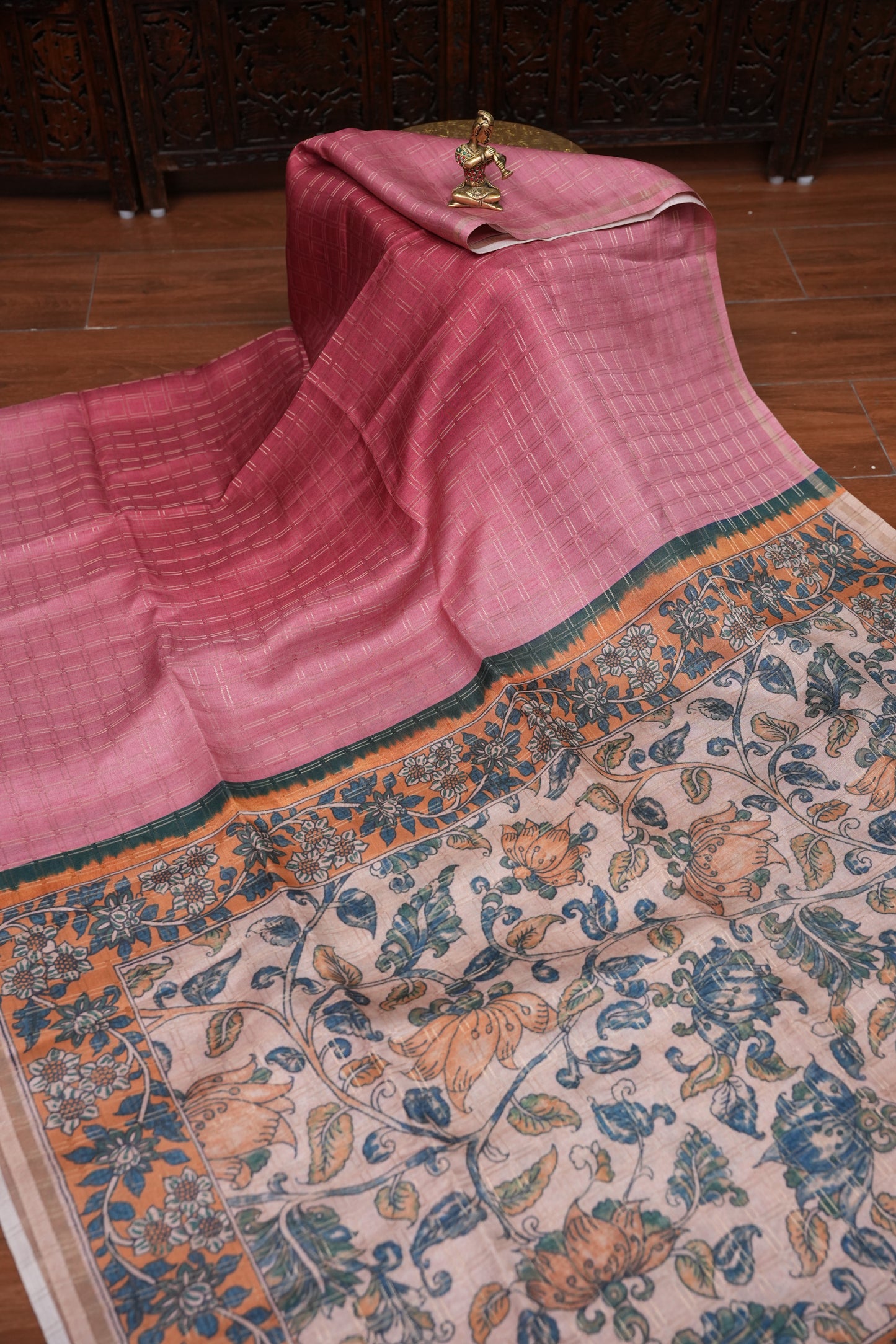 Semi Tussar Raw Silk Saree with Checkered Body & Kalamkari Pallu and Blouse – Dusty Pink