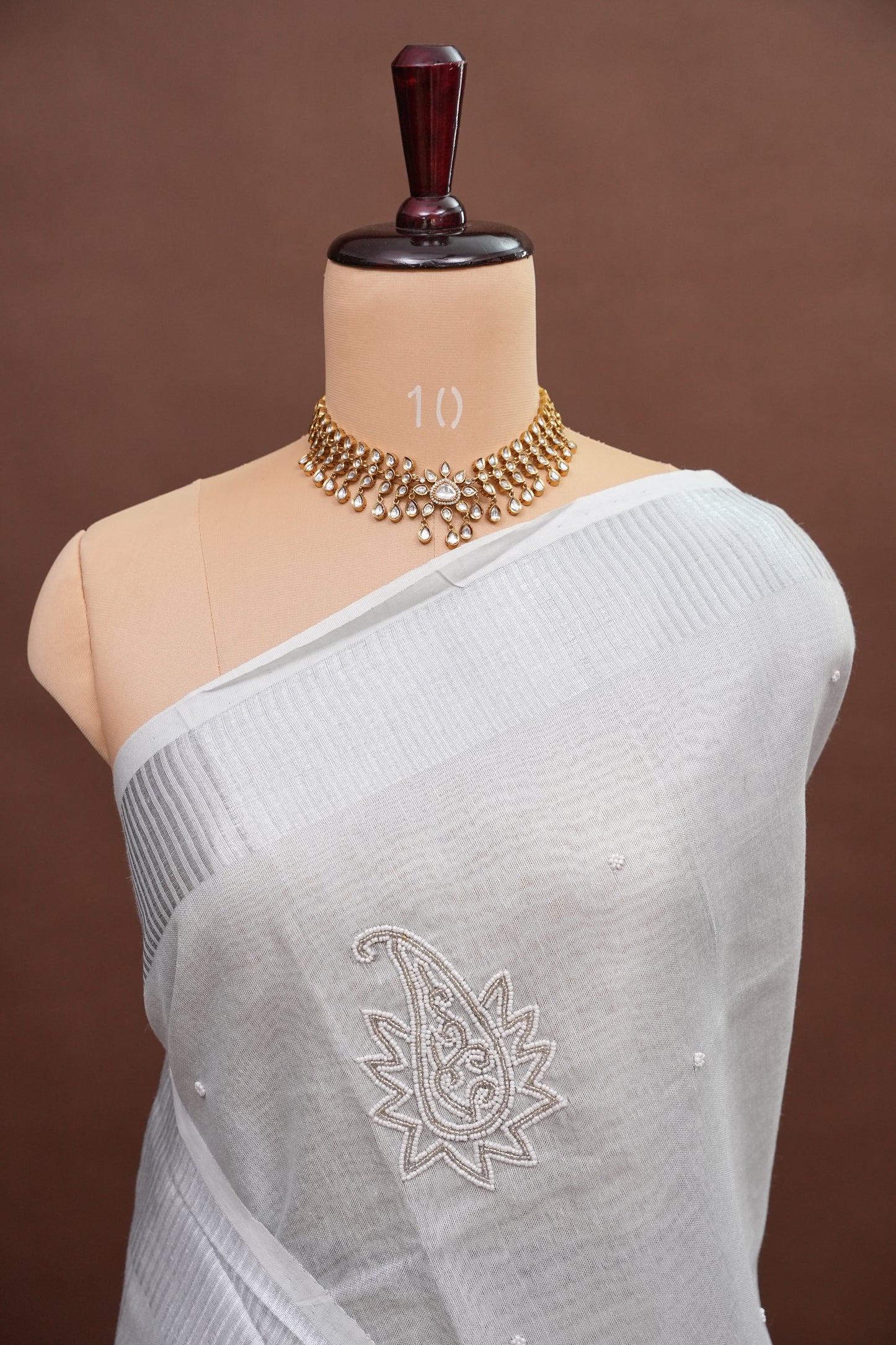Hand Embroidered Pure Tissue Linen Silk Saree - Silver