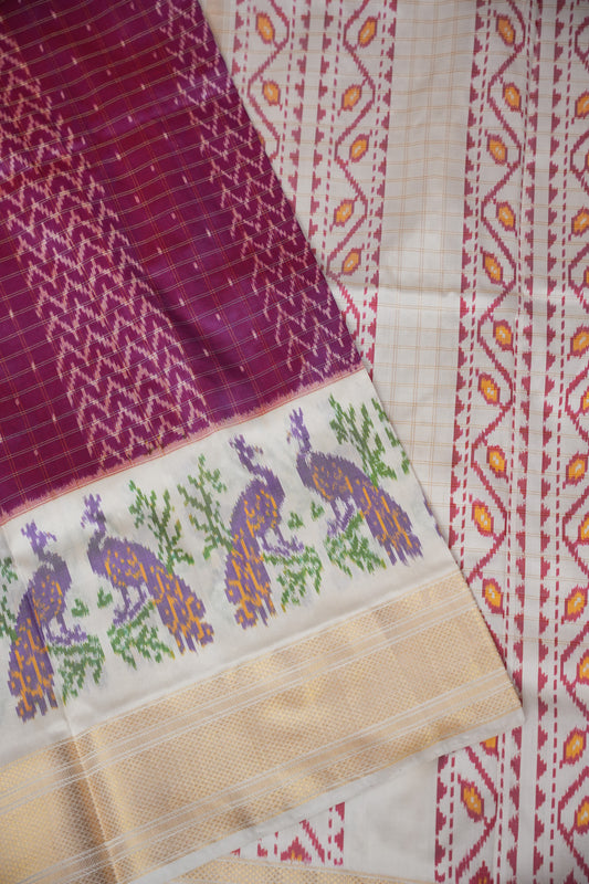 Pure Ikkat Soft Silk Saree - Ivory & Wine