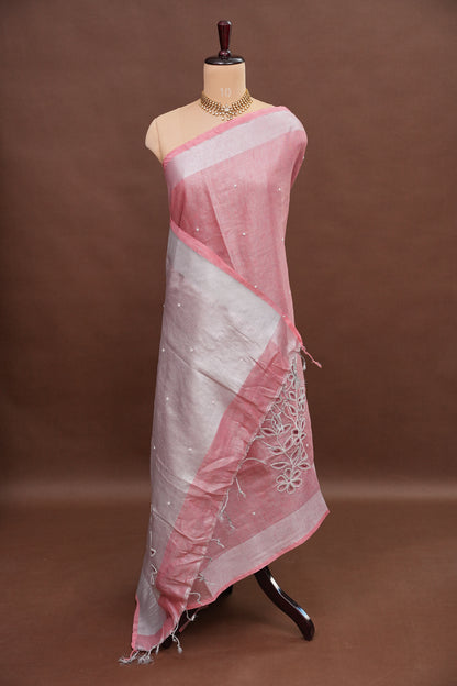 Hand Embroidered Pure Tissue Linen Silk Saree - Blush Pink