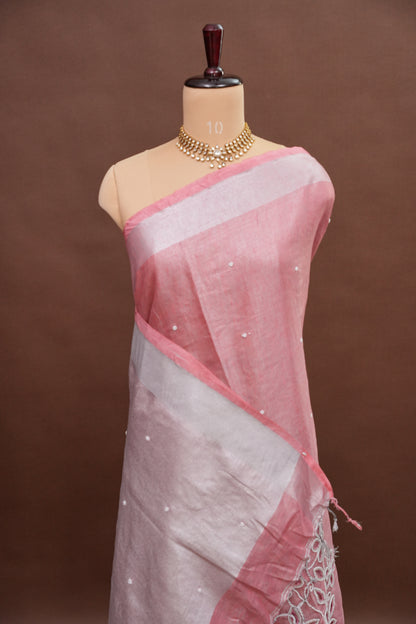 Hand Embroidered Pure Tissue Linen Silk Saree - Blush Pink