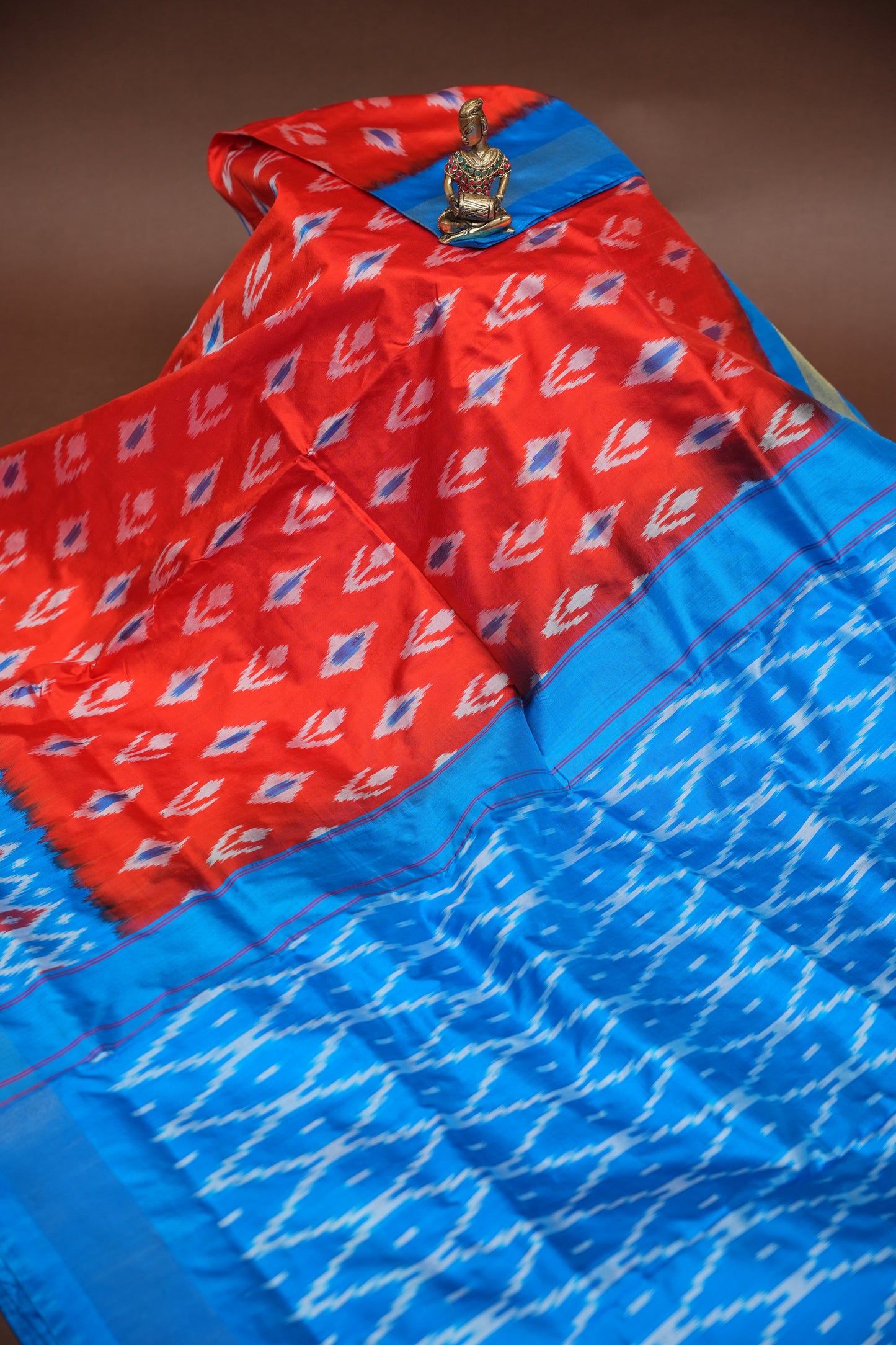 Pure Ikkat Soft Silk Saree - Orange & Blue