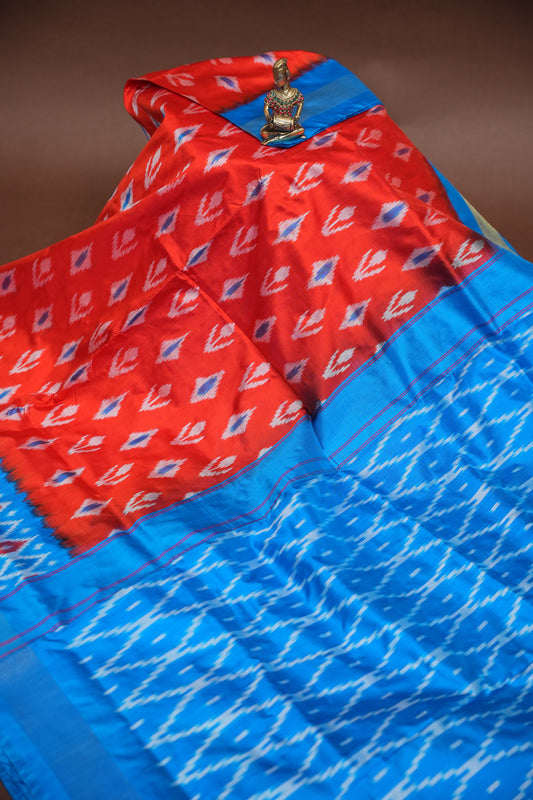 Pure Ikkat Soft Silk Saree - Orange & Blue