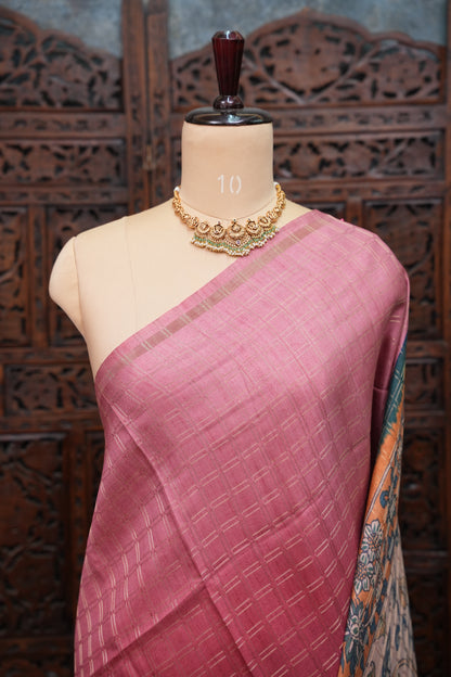 Semi Tussar Raw Silk Saree with Checkered Body & Kalamkari Pallu and Blouse – Dusty Pink