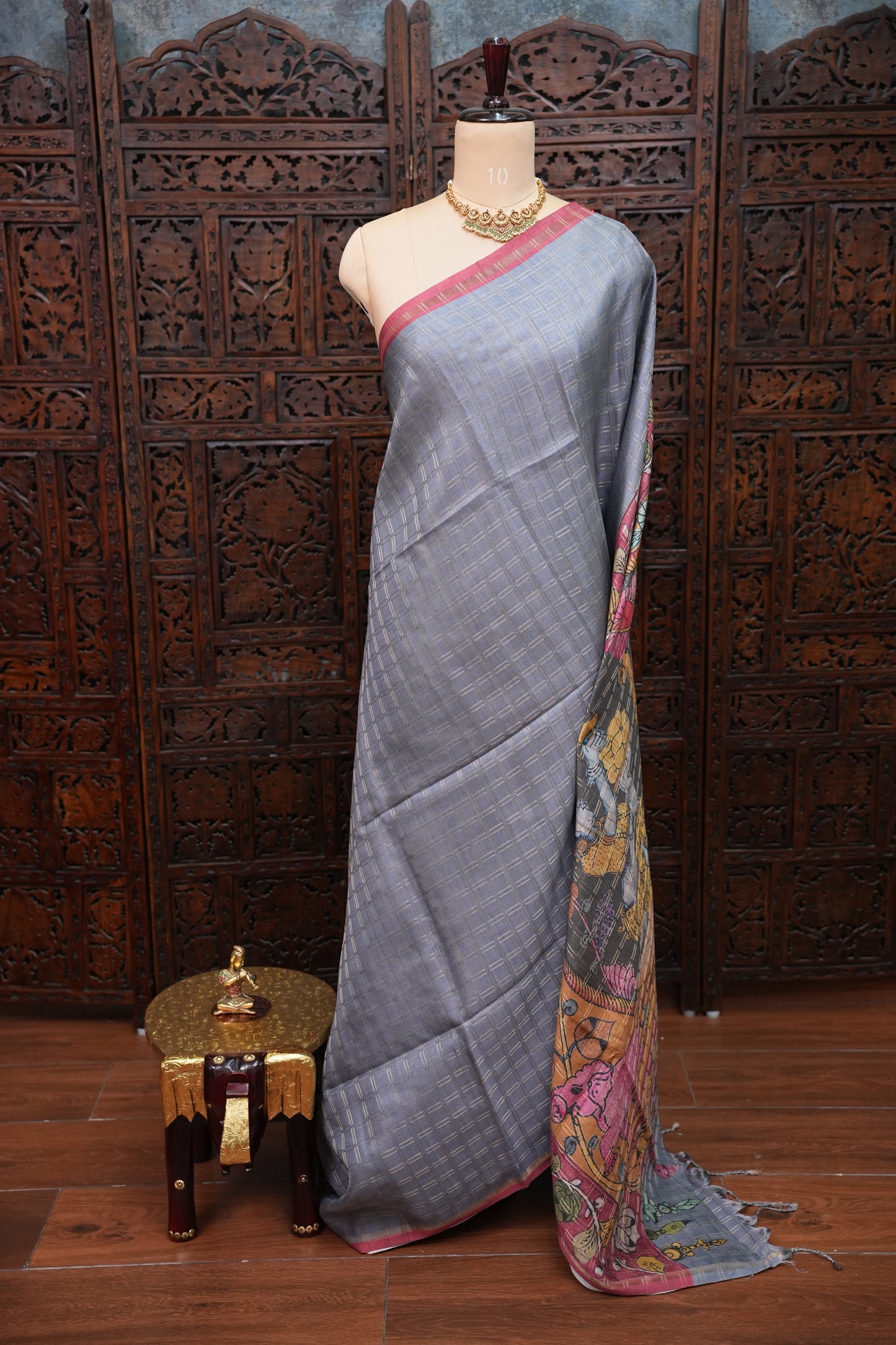 Semi Tussar Raw Silk Saree with Checkered Body & Kalamkari Pallu and Blouse – Dusty Pink