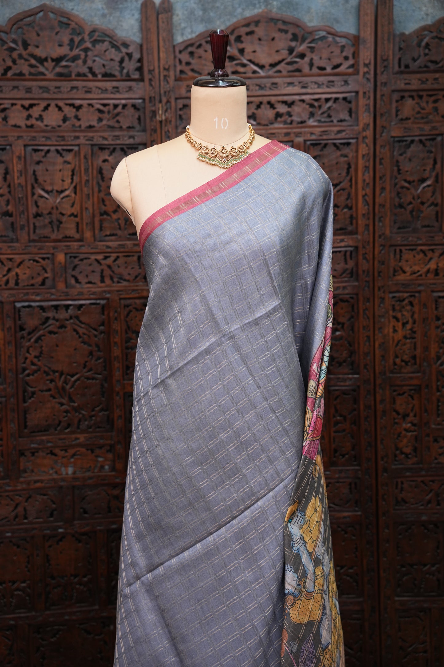 Semi Tussar Raw Silk Saree with Checkered Body & Kalamkari Pallu and Blouse – Dusty Pink
