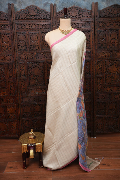 Semi Tussar Raw Silk Saree with Checkered Body & Kalamkari Pallu and Blouse – Dusty Pink