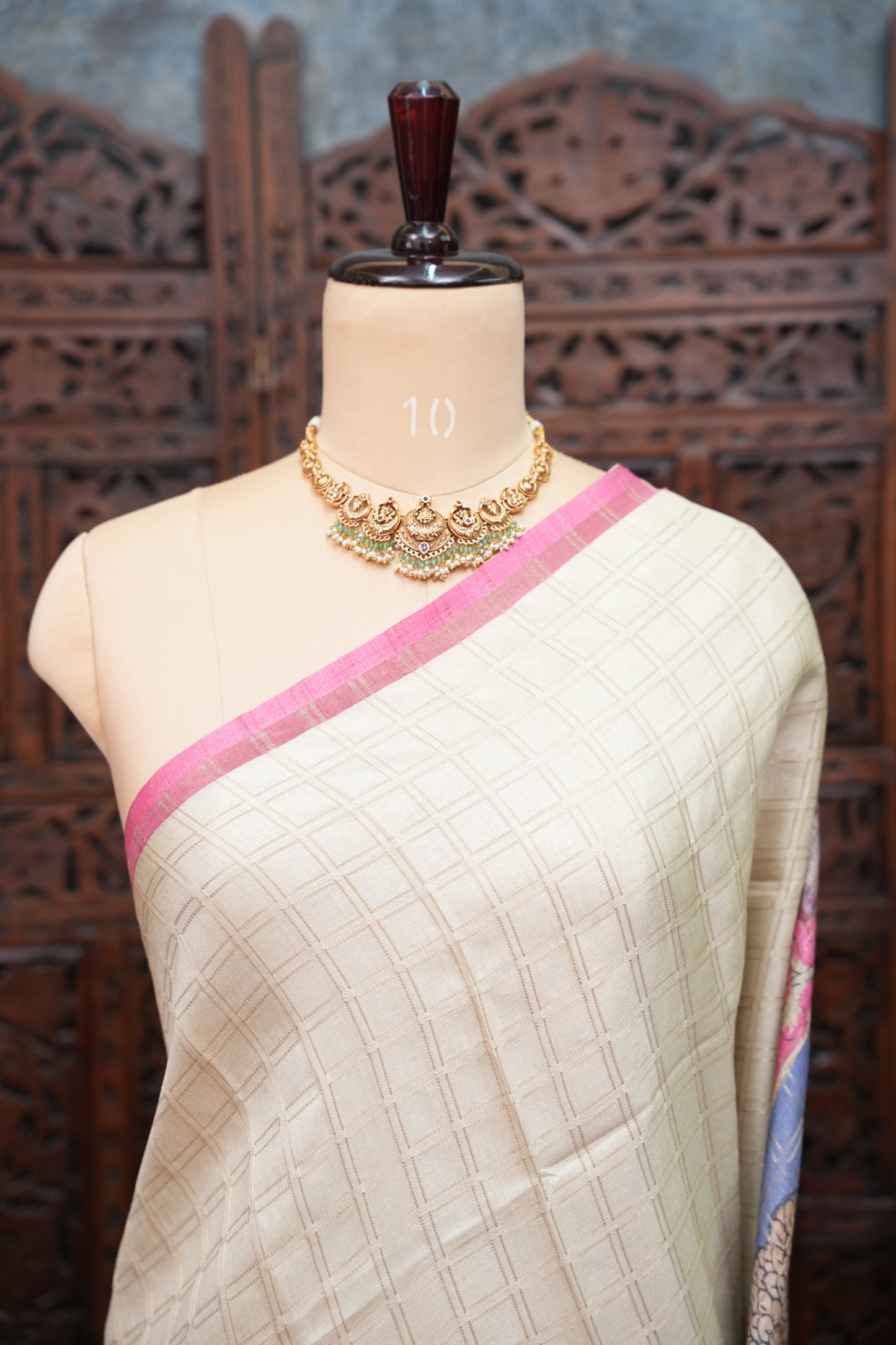 Semi Tussar Raw Silk Saree with Checkered Body & Kalamkari Pallu and Blouse – Dusty Pink
