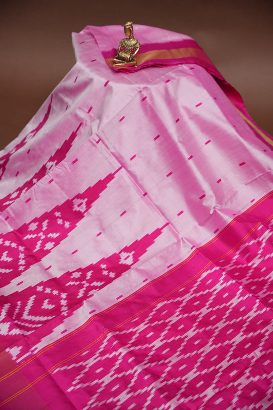 Pure Ikkat Soft Silk Saree - Baby Pink & Rani Pink
