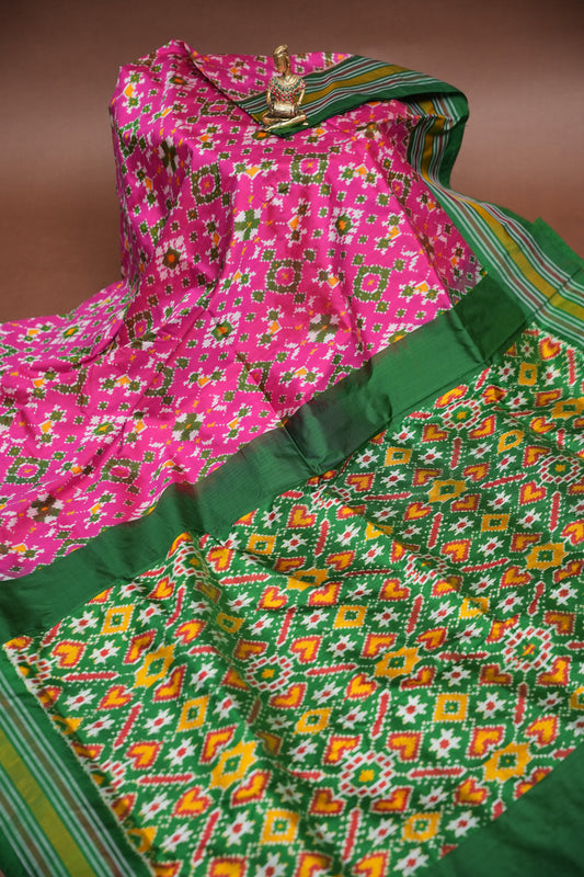 Pure Ikkat Soft Silk Saree - Pink & Emerald Green